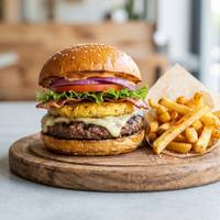 Hamburguesa de Arrachera Hawaiana con Papas